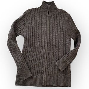 Voboom Men’s cable knit full zip wool blend cardigan brown vintage size M retro